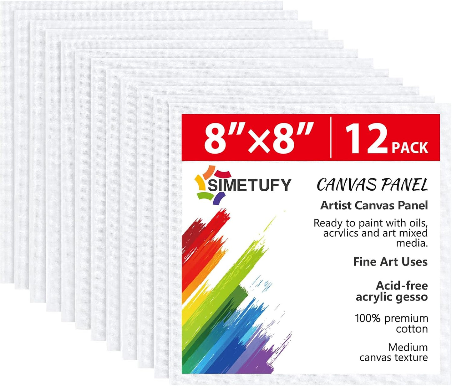 Simetufy 12 Pack 8x8 Inch Painting Canvas Panels Blank Square Canvas Boards for Painting, 8oz Gesso Primed Acid-Free 100% Cotton for Acrylics Paints