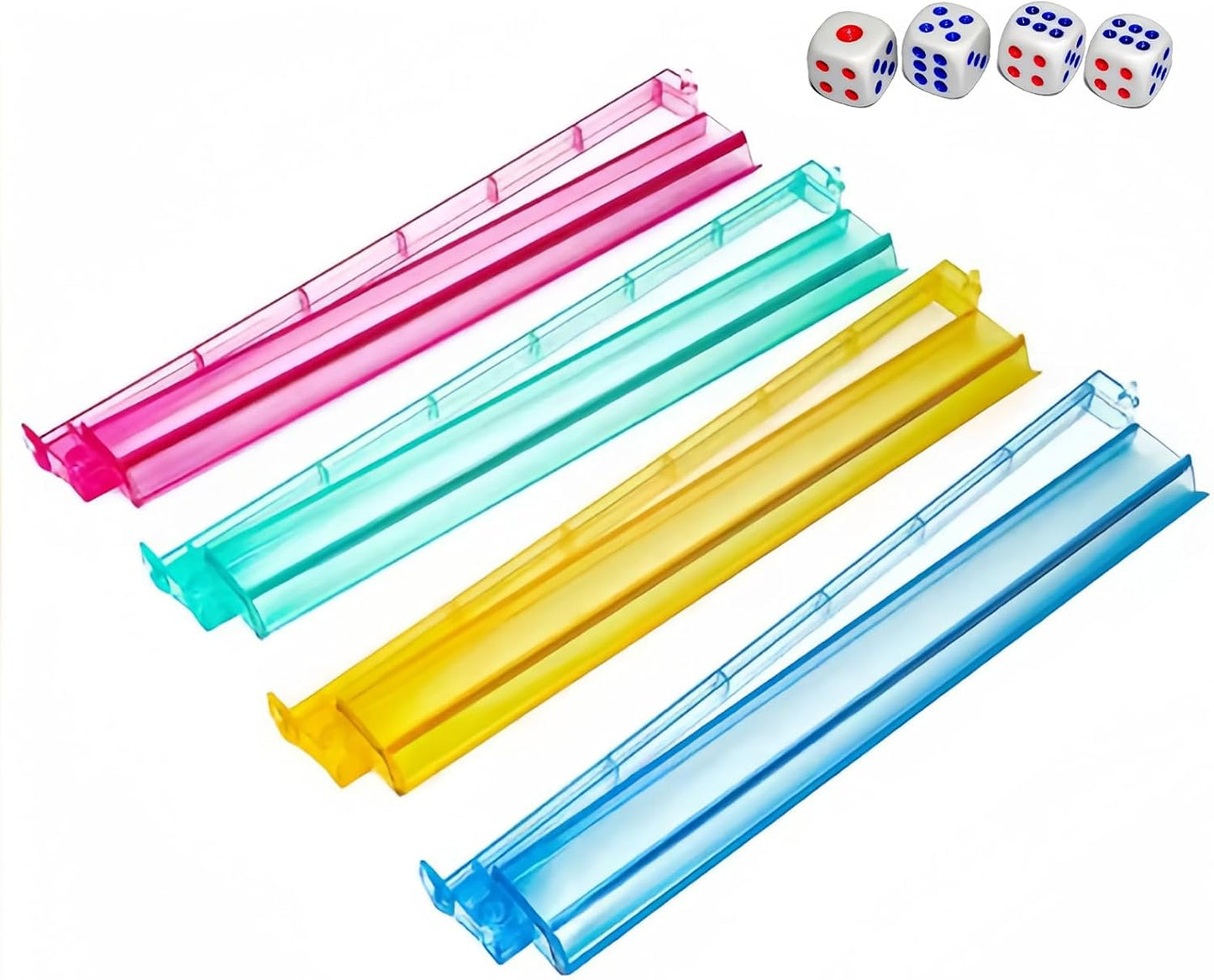 Mahjong All-in-One Tile Rack & Pusher, Clear Acrylic Mahjong Rack and Pusher Combo, Enhanced Mah Jongg Tile Holders Set of 4，Color，with 4 Dics