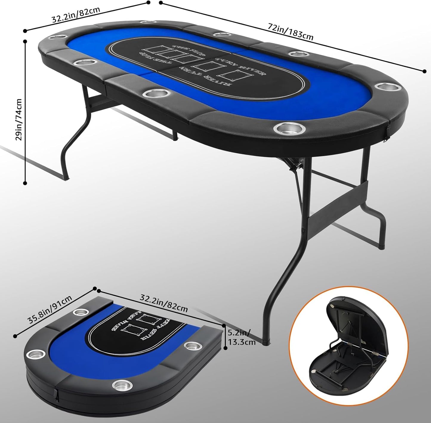 Folding Poker Table, 8 Player Portable Design with Collapsible Legs & Cup Holders, 72 Inch Foldable Casino Table for Quick Setup, Texas Holdem & Card Games