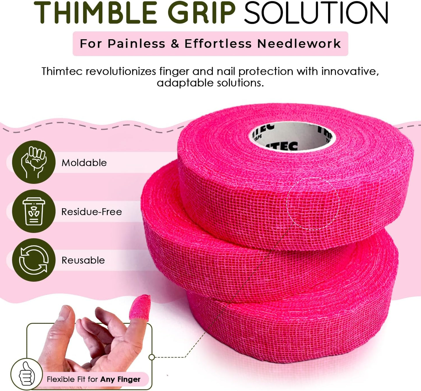 THIMTEC - The Original Thimble Tape for Hand Sewing - Fully Adjustable Nail & Finger Protector - A Smarter Alternative to Classic Knitting Thimbles - Neon Flamingo, 3-Pack
