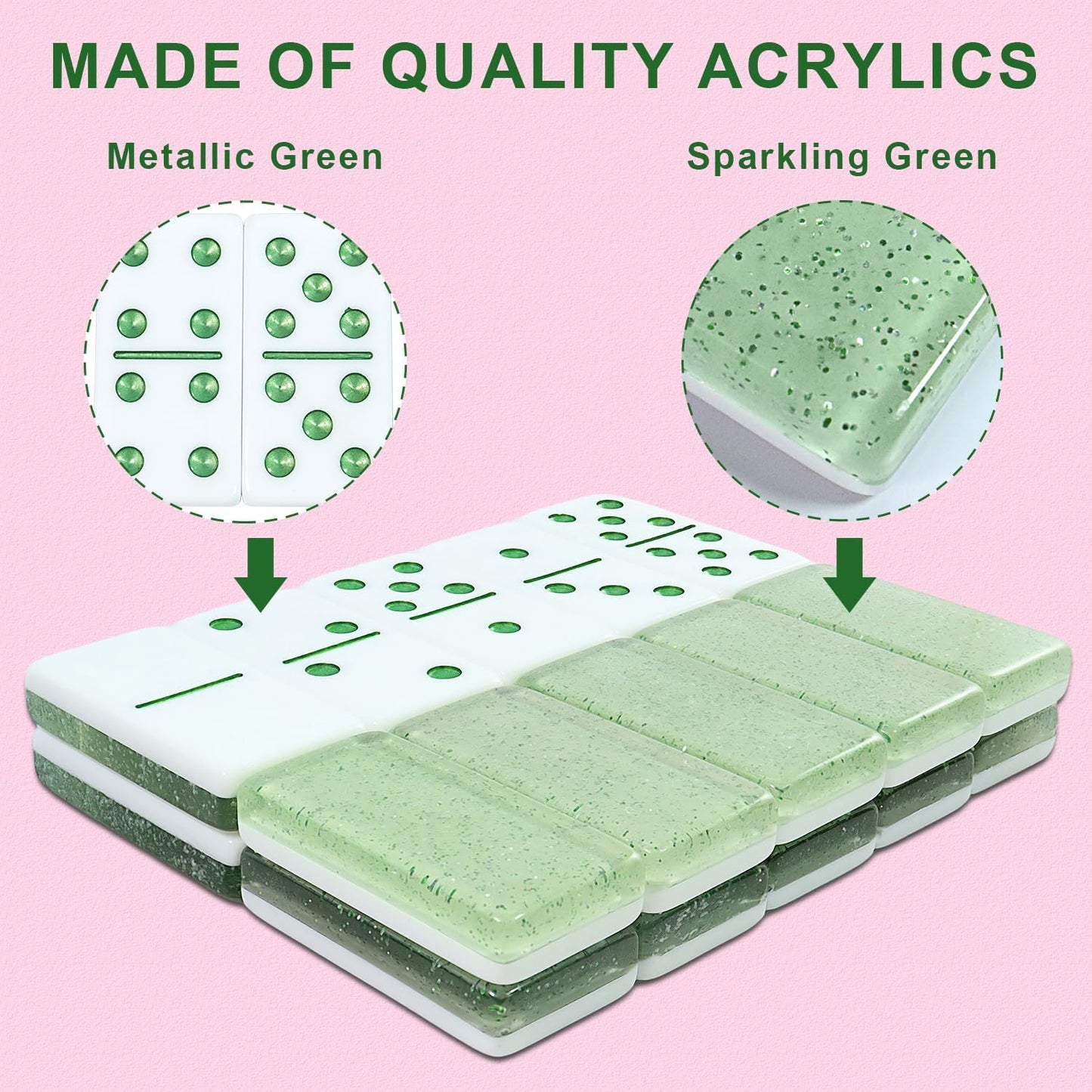 IDTQ Dominoes Set for Adults, Double 6 Dominos Game Set with 28 Domino Tiles Double with Upscale Gift Boxes -7 Polyhedral Dice -Classic Board Games (Light Green)