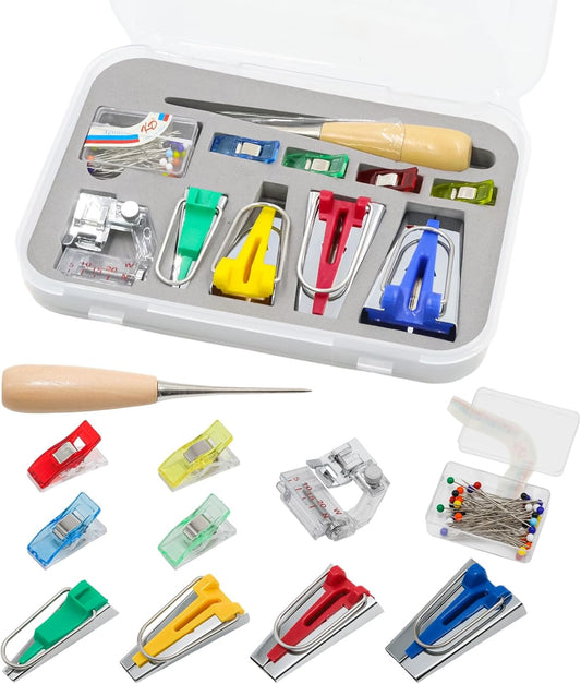 Funstreet Comprehensive Bias Tape Maker Kit, Fabric Tape Tools Sewing Machine Presser Foot, Sewing Clips Ball Point Pins, Awl for Fabric Sewing/Quilting