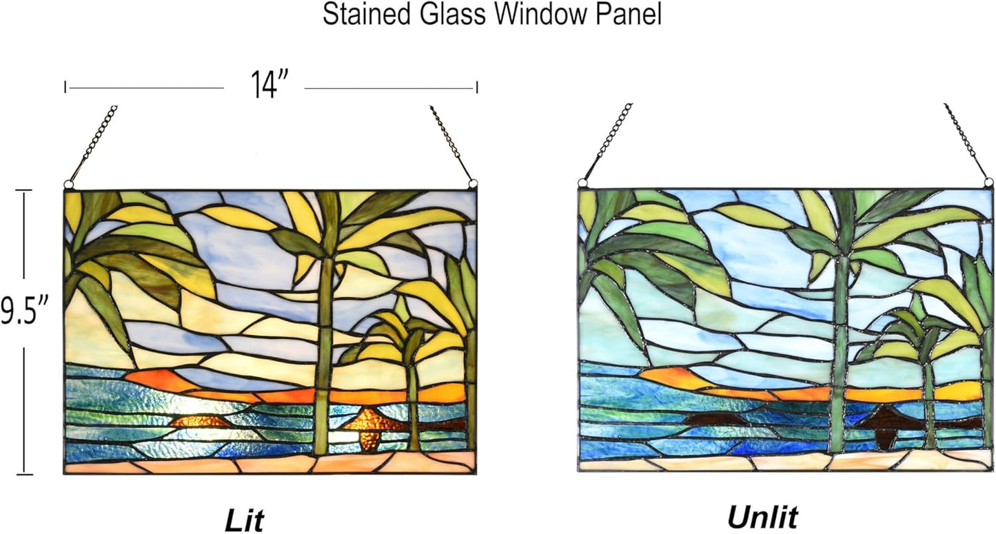 PA0006 Stained Glass Window Panel-14 Wx9.5 H Window Suncatcher Tiffany Style Ornament,Tropical Palm Trees Home Hanging Decorations