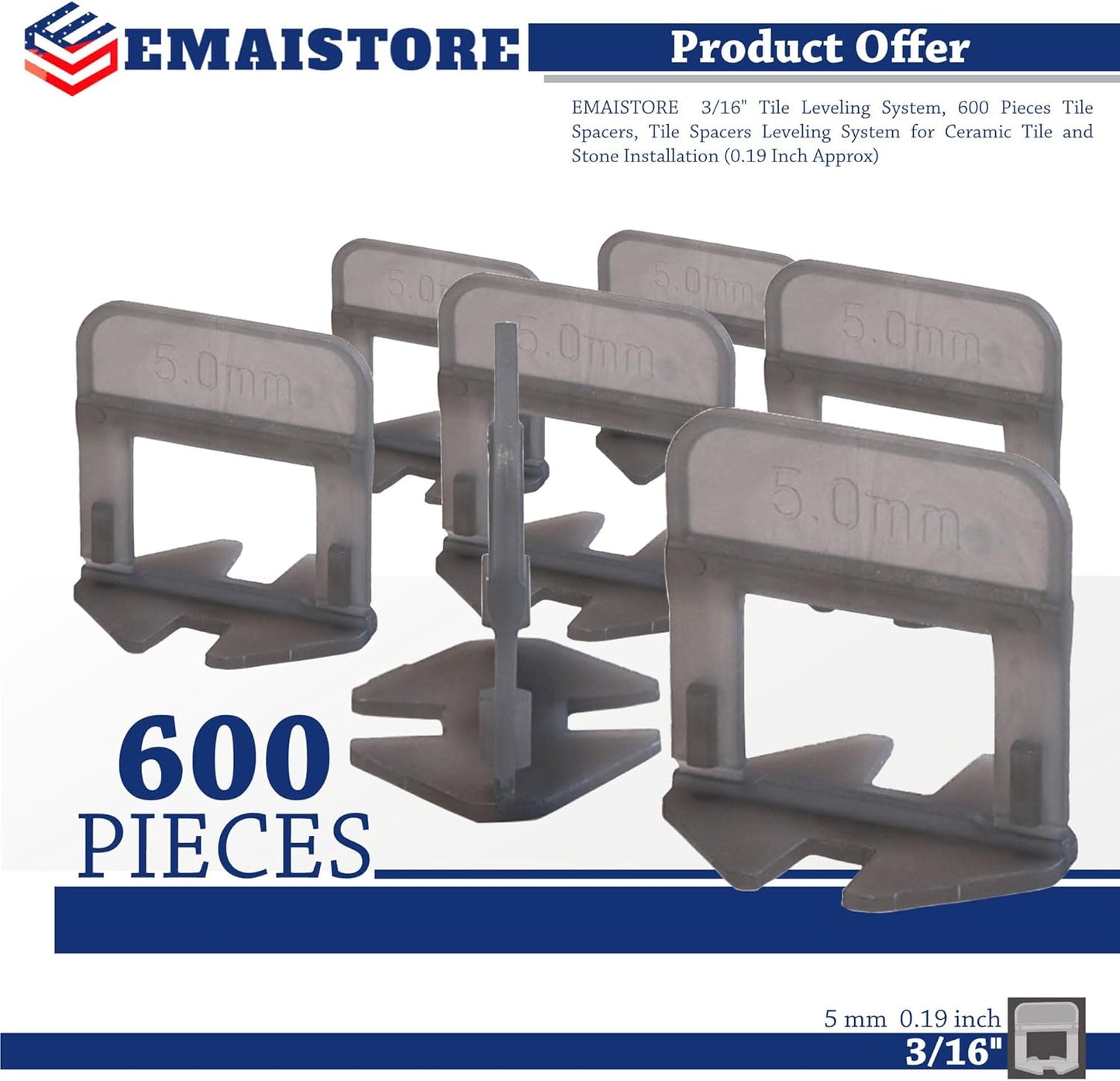 Tile Leveling System (3/16 Inch) – 600 Tile Spacers – Compatible with Most Wedges for Smooth, Seamless Floor & Wall Tile Installation – 5mm Ceramic & Stone Spacers
