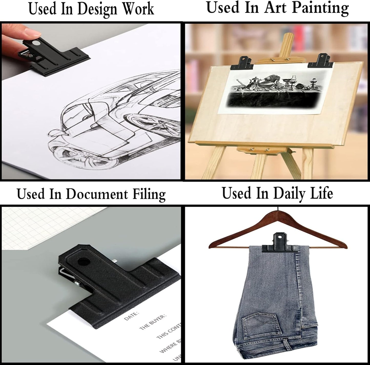 Locci Black Large Bull Clips,10 PCS Medium Binder 3.5 Inch Drawing Board Clips,Big Clip for Food Bags,Art,Office & Home Kitchen (88 mm)