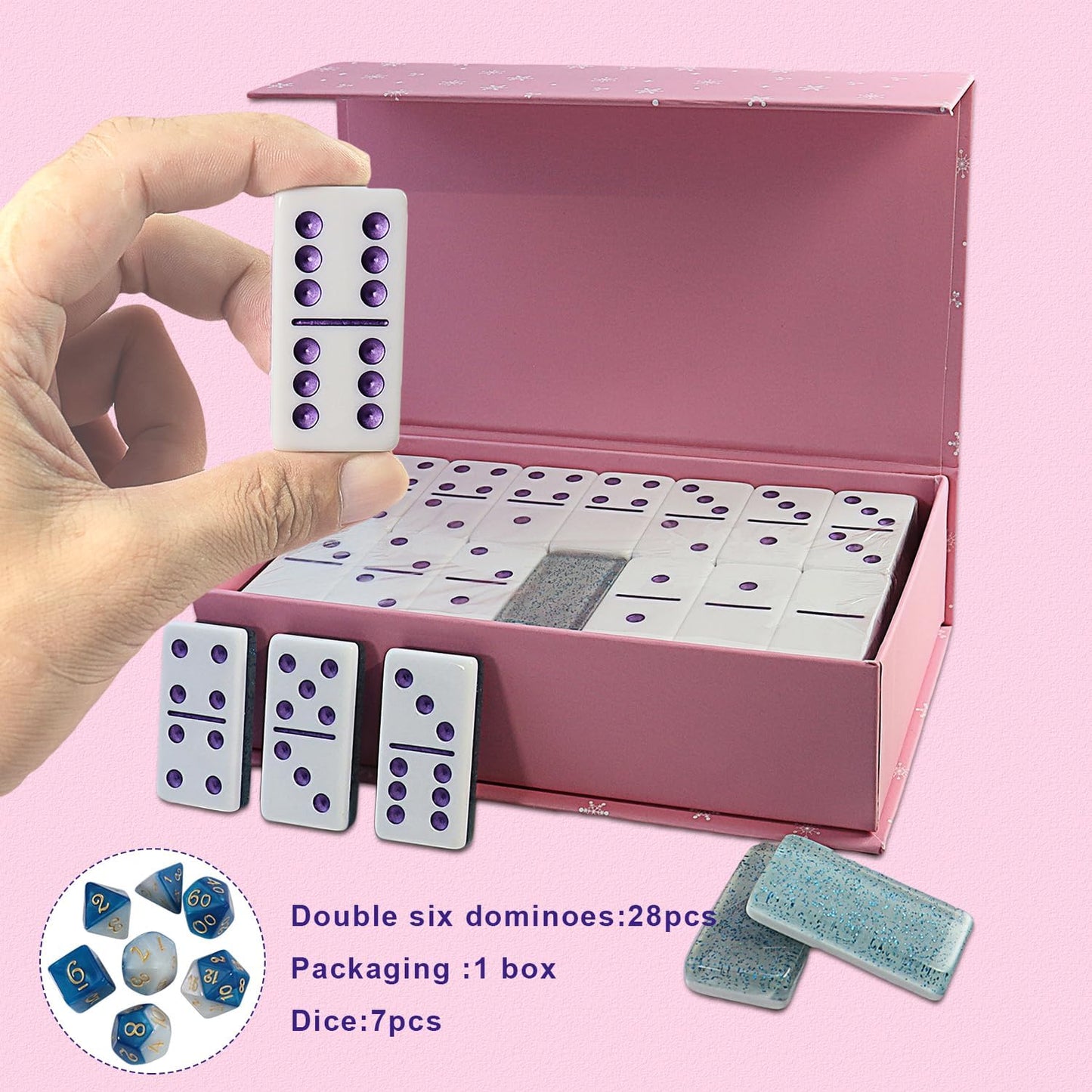 IDTQ Dominoes Set for Adults, Double 6 Dominos Game Set with 28 Domino Tiles Double with Upscale Gift Boxes -7 Polyhedral Dice -Classic Board Games (Light Blue)