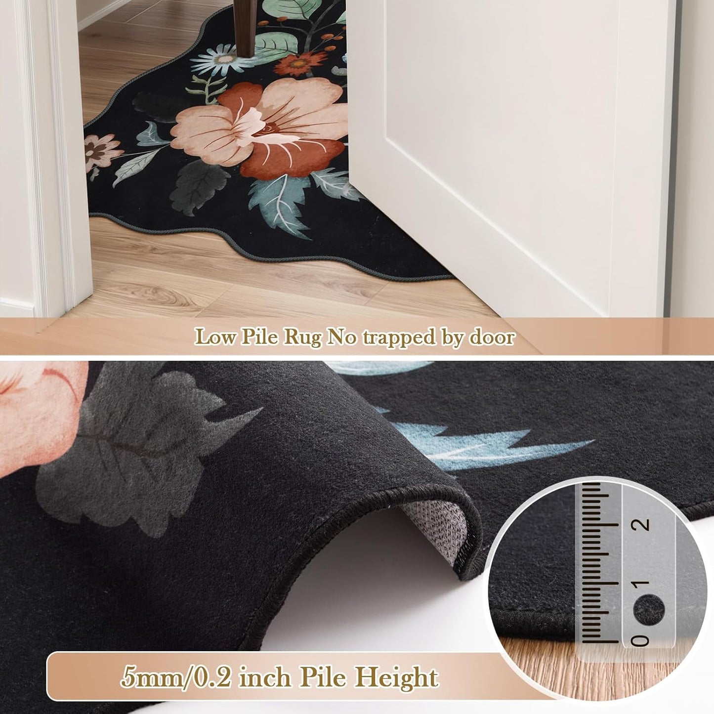 Beeiva Washable Rugs 8x10 for Living Room - Scalloped Floral Printed Soft Non Slip 8 x 10 Area Rug for Dining Room Boho Flower Ultra-Thin Aesthetic Carpet for Kids Room Dorm Office(Black,8x10ft)