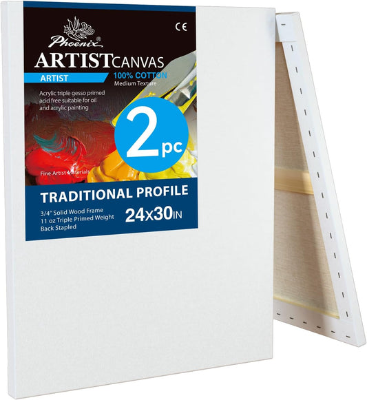 PHOENIX 24x30 Inch 2 Pack Artist Canvas - Extra Large Stretched Canvases for Painting - 3/4 Inch Profile, 100% Cotton 11 Oz. Gesso Primed White Blank Professional Canvas Oil & Acrylic Paints
