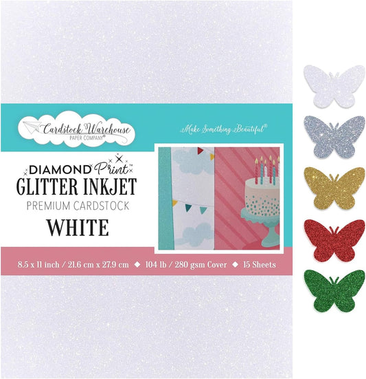 Cardstock Warehouse Diamond Print Inkjet Glitter - Premium White Glitter Cardstock Paper – 15 Sheets, 8.5 x 11" - 104 lb/280 GSM for Inkjet Printing, Die-Cutting, Card Making, Crafts, and DIY Projects
