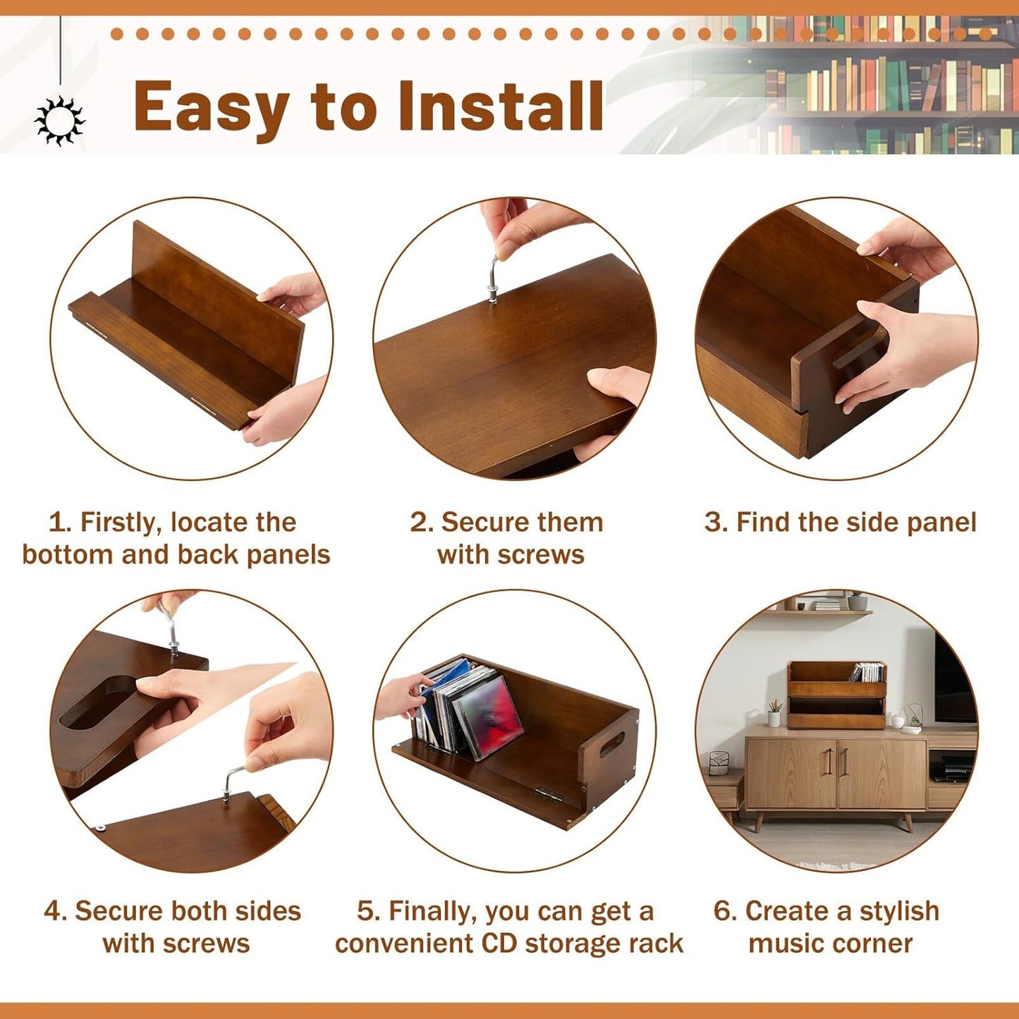 2 Set Wooden CD Storage Box Holder Shelf Cassette Tape Display Racks with Carrying Handles, Organizer Shelf for Movie Cases, DVDs, Each Set Can Store up to 36 Pcs CDs (Brown)