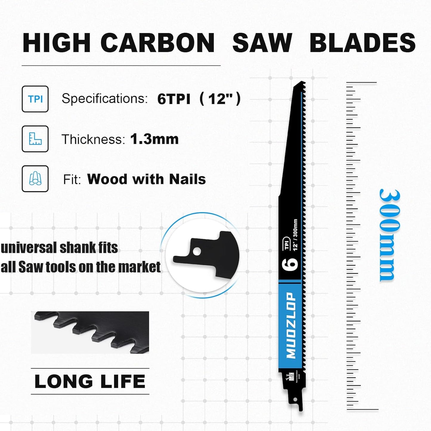 2 Pack 12 inch Reciprocating Saw Blades Set，6 TPI High Carbon Saw Blades for Wood with Nails，Saw Blades with Organizer Case (2, 6T/12inch)