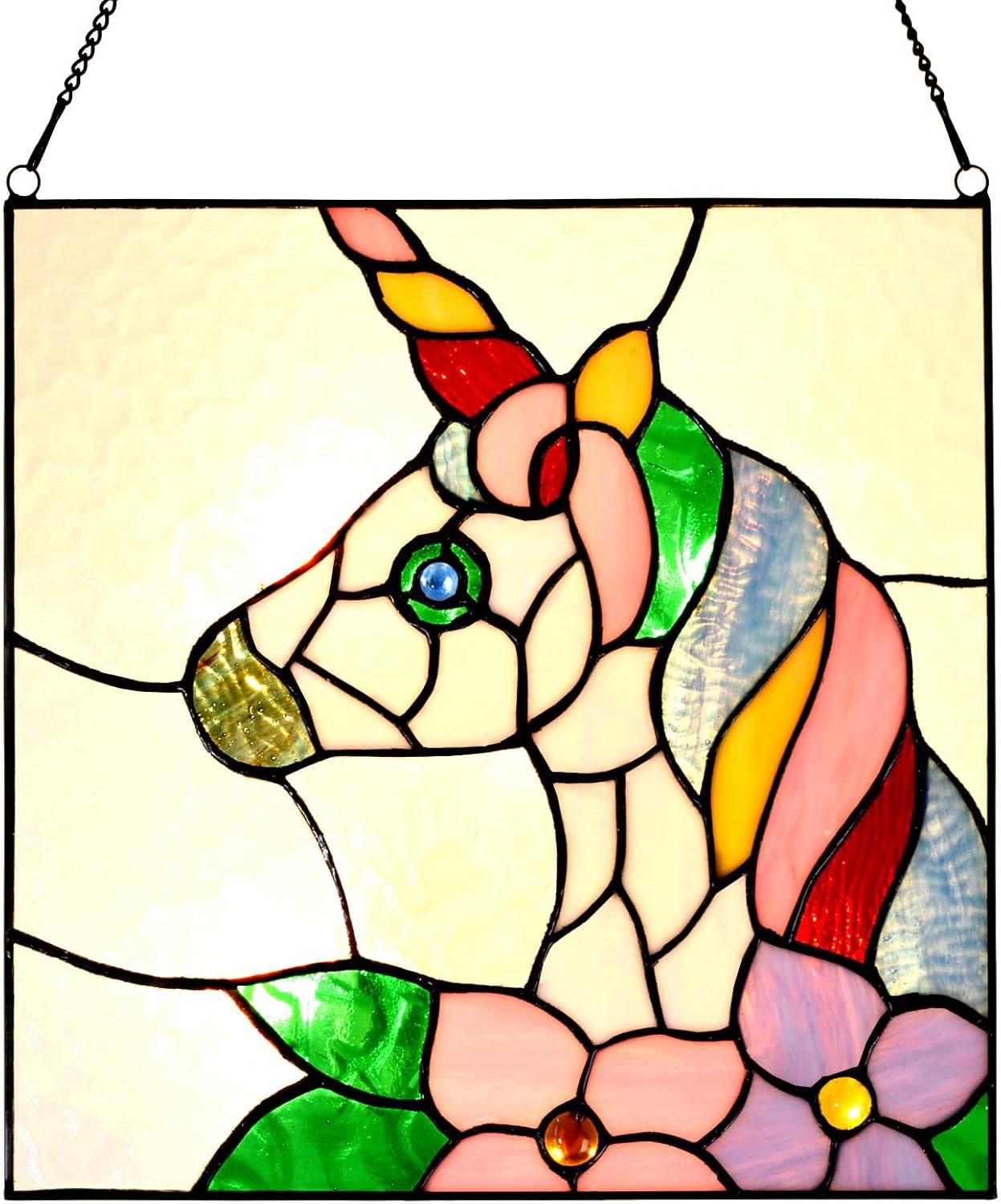 PA0003 Stained Glass Window Panel 12" Wx12 H Window Suncatcher Tiffany Style Window Hanging, Unicorn Home Hanging Decorations for Girls Kids Bedroom Birthday Party Decoration