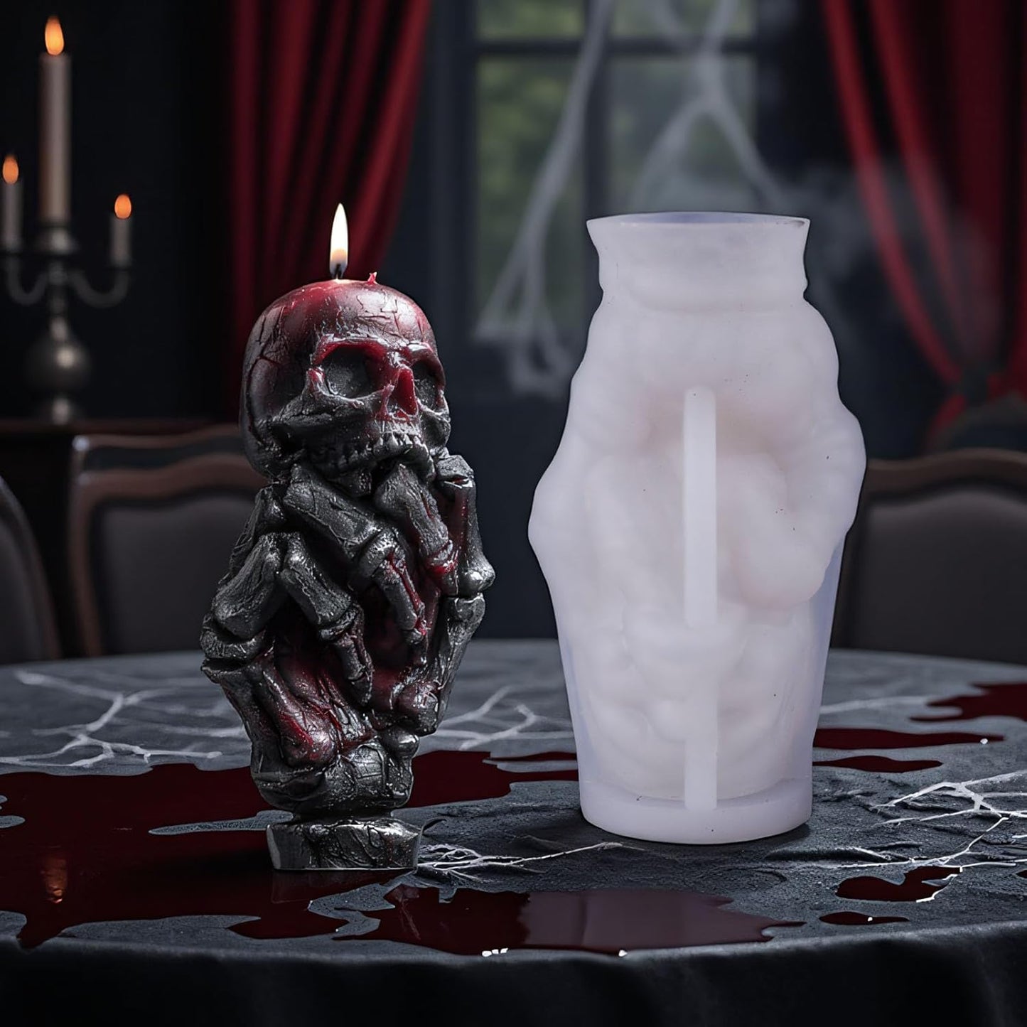 2 Pcs Halloween Skull Candle Molds 3D Skull Resin Molds, Ghost Hand Silicone Molds for Epoxy Resin Casting, Aromatherapy Soap Candle Making Molds