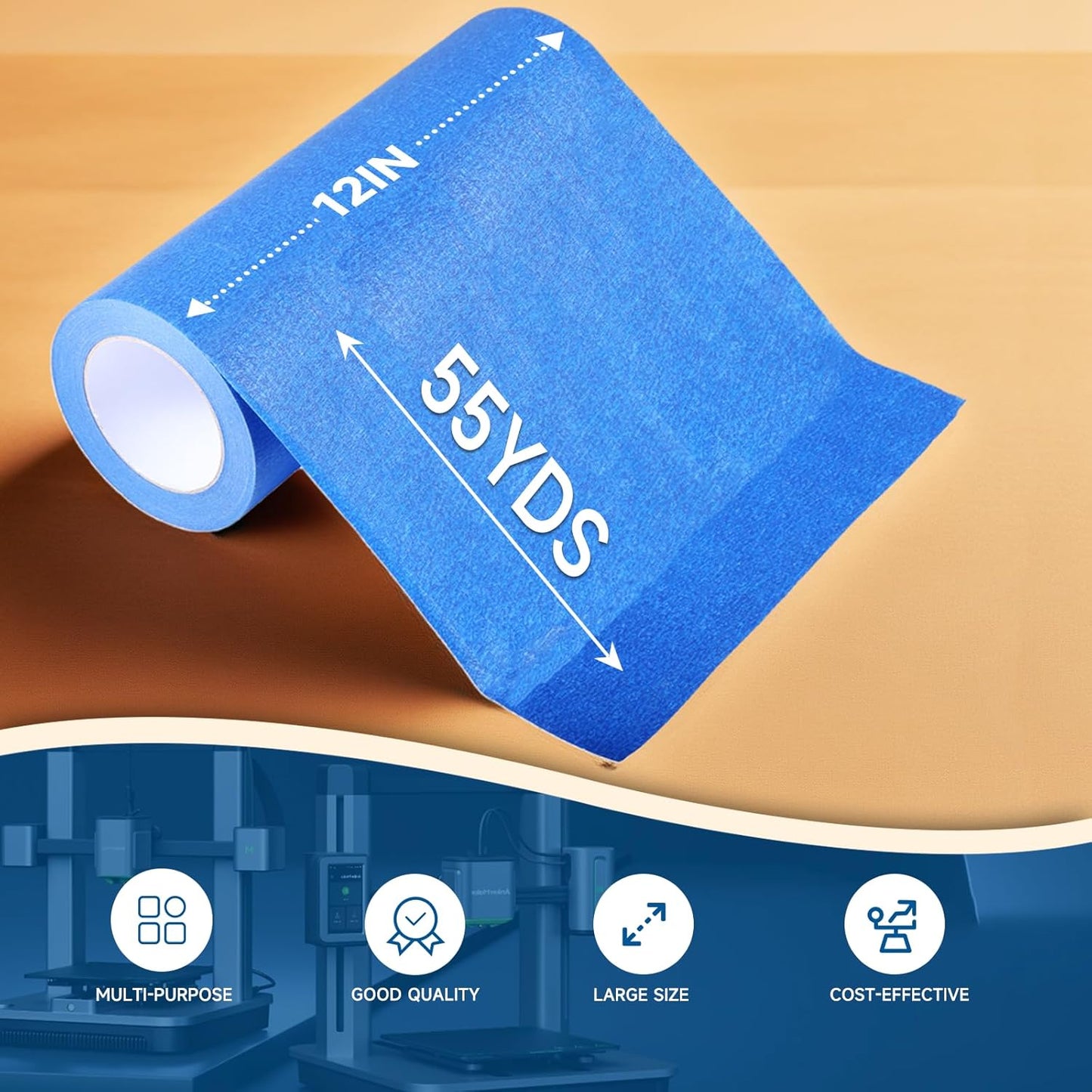 Wide Blue Painters Tape, 12 Inch x 55 Yards, Wide Masking Tape for 3D Printing, Laser Cutting, Painting, Crafting, Labeling, Packing, Office, School, Home Use, Removes Cleanly for 21 Days