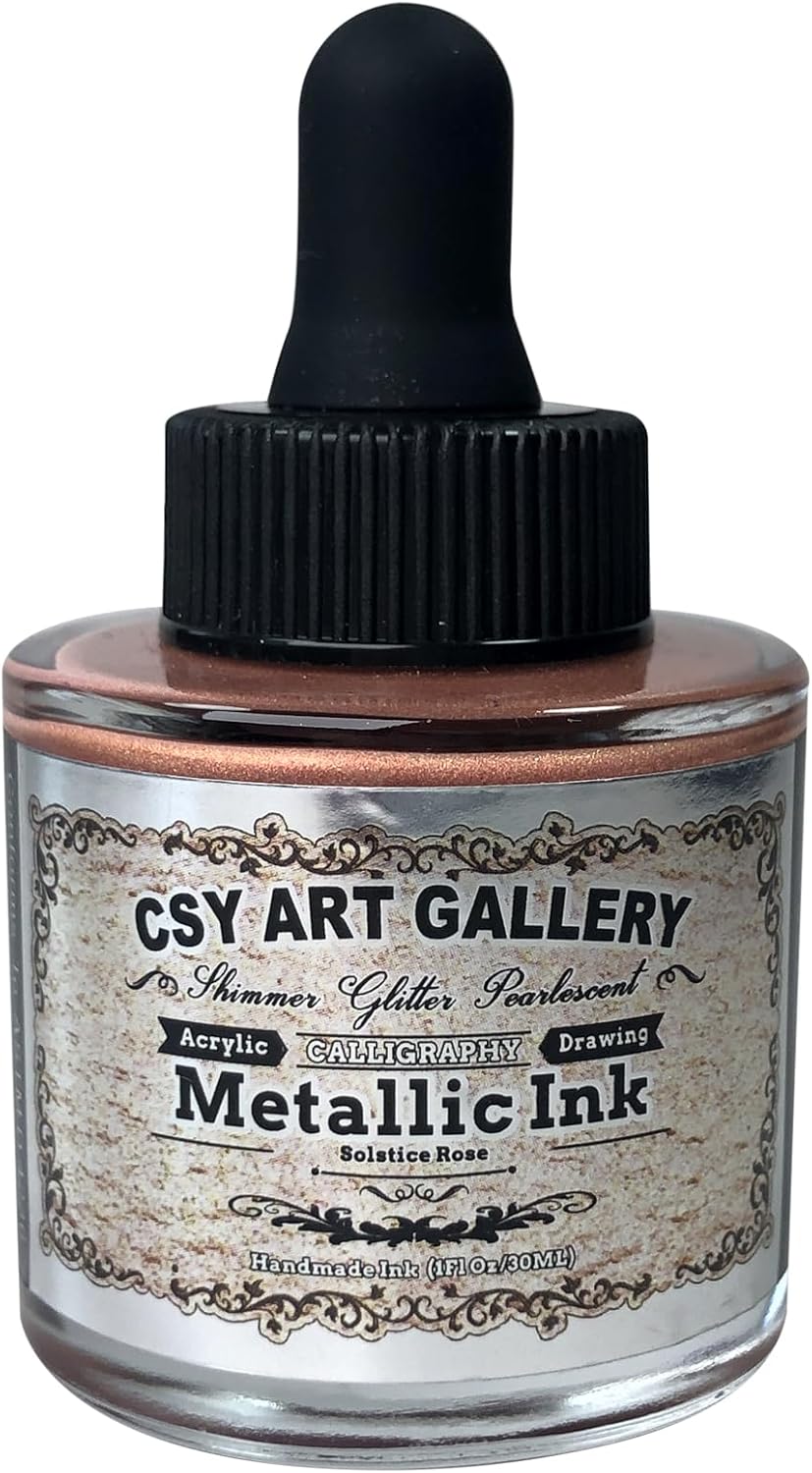 CSY Art Gallery Metallic Acrylic Ink, 1-oz(30ml) Bottle with Dropper, Quick Dry Permanent Acrylic Drawing Inks for Artist (Solstice Rose)