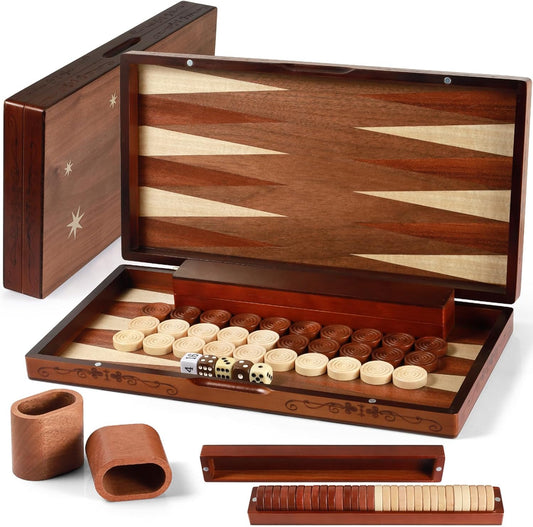 Handcrafted Wooden Backgammon Set - 16x15.3inch, Oversized Pieces, Intricate Carvings, Premium Travel Game Board for Adults & Kids (Star)