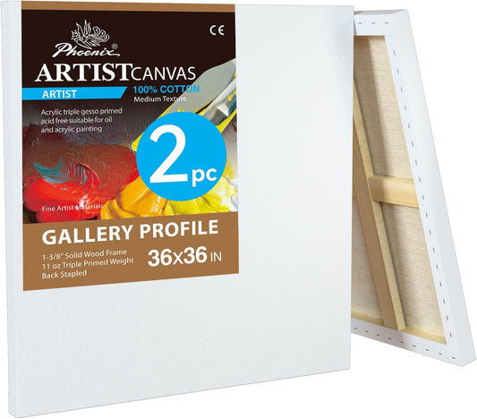PHOENIX 36x36 Inch 2 Pack Gallery Canvas - 1.5 in Thick Extra Large Square Canvases for Painting - Deep Edge 100% Cotton 11 Oz. Gesso Primed White Blank Professional Canvas Oil & Acrylic Paints