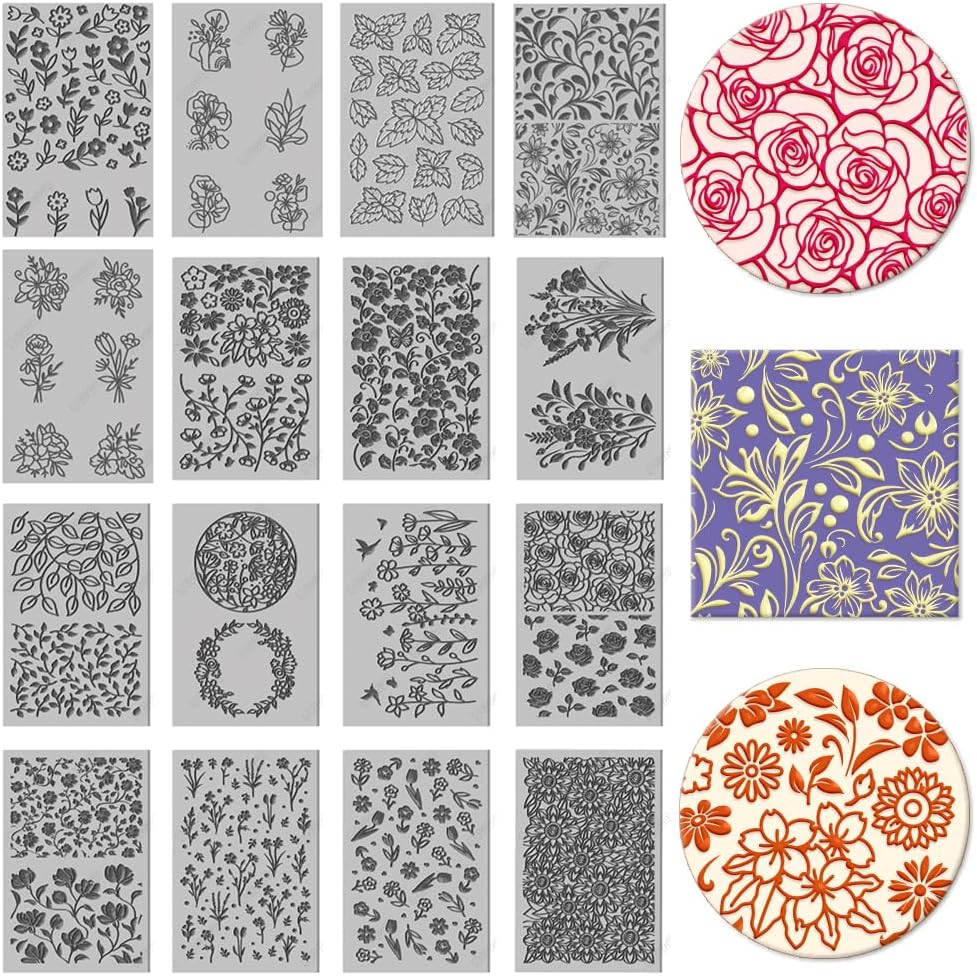 CHGCRAFT 16 Sheets 16 Styles Plants Butterflies Wildflowers Polymer Clay Texture Mat Modeling Pattern Pad Leaves Flowers Texture Sheets for Polymer Clay Making Earrings Jewelry Tools, 4×2.6 inch