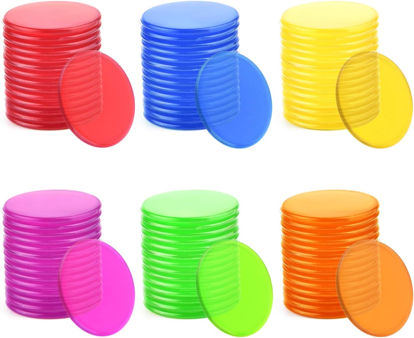 Coopay 300 Pieces Counters Counting Chips Plastic Markers Mixed Transparent Colors for Bingo Chips Game Tokens, Contain White, Blue, Green, Yellow, Red, Purple Colors