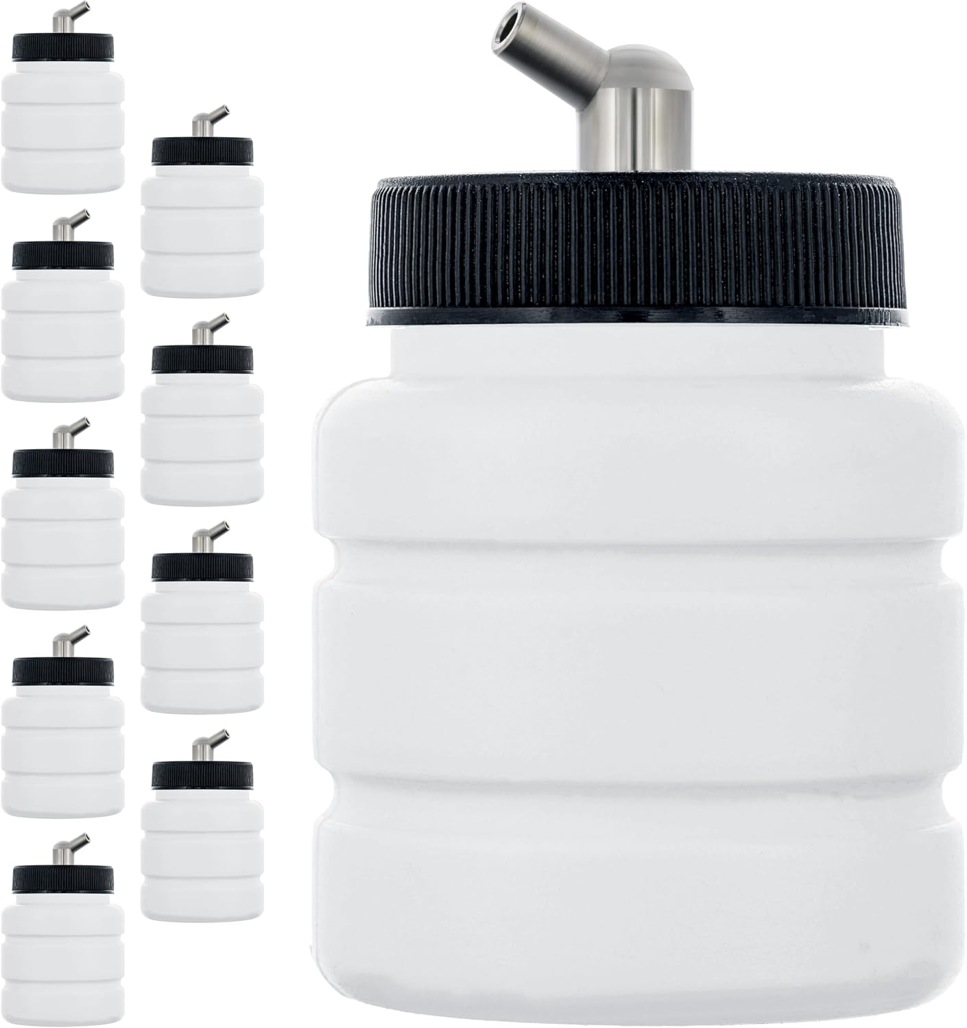Master Airbrush (Pack of 10) TB-005 Empty 2.7-Ounce (80cc) Plastic Jar Bottles with 60° Down Angle Adaptor Lid Assembly - Fits Single-Action Siphon Feed Airbrushes, Use on Master Badger Paasche Iwata