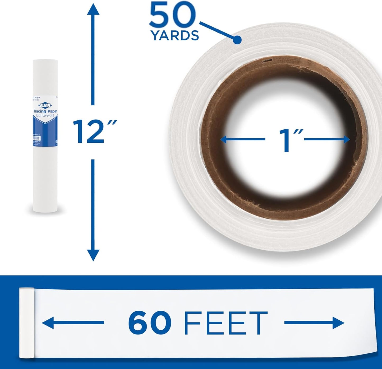 ALVIN 55W-G Lightweight Tracing Paper Roll, White, Suitable with Ink, Charcoal, Felt Tip Pen, for Sketching or Detailing - 1-inch Core (50 Yards, 12")