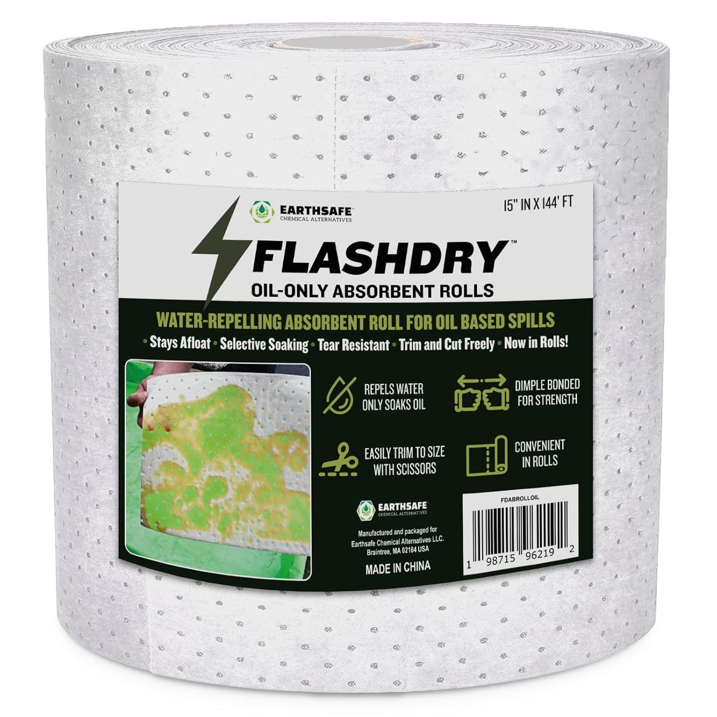 FlashDry Oil Absorbent Roll – High Absorbency of Oil-Based Liquids, Water-Repellent, Tear-Resistant, Premium Mats, Ideal for Garage, Driveway, Automotive, Marine Use, 15” in x 144' ft