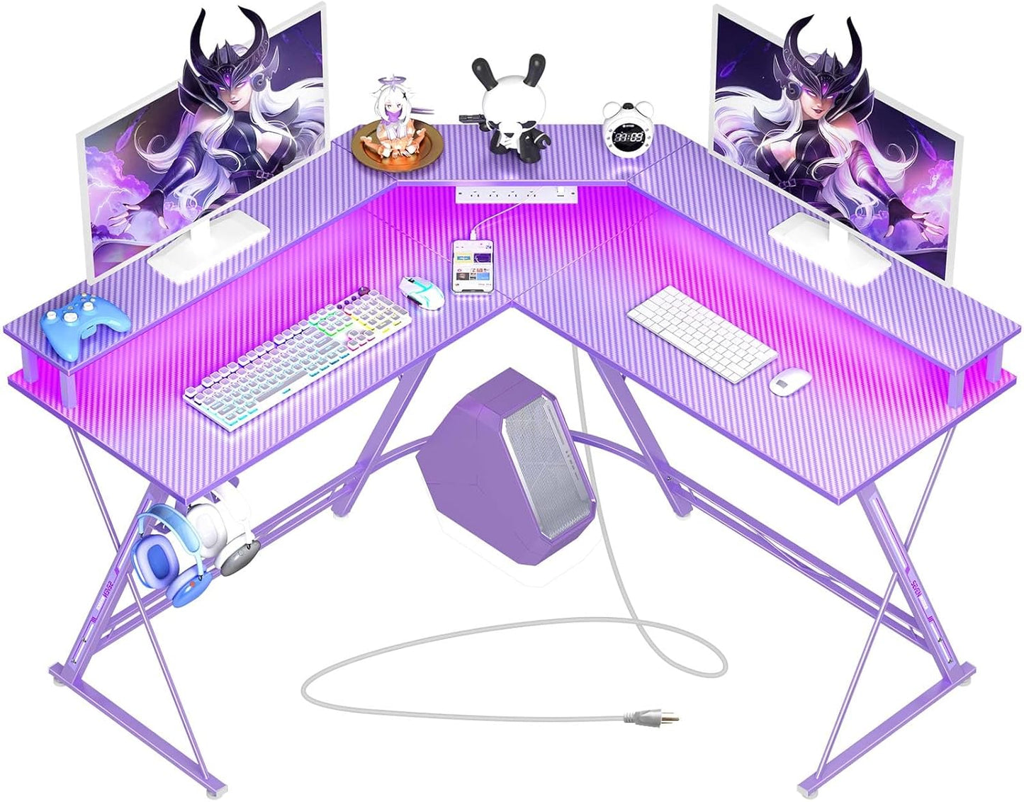SEVEN WARRIOR Gaming Desk 50.4” with LED Light & Power Outlets, L-Shaped Gaming Desk Carbon Fiber Surface with Monitor Stand, Ergonomic Gamer Table with Headphone Hook, Purple