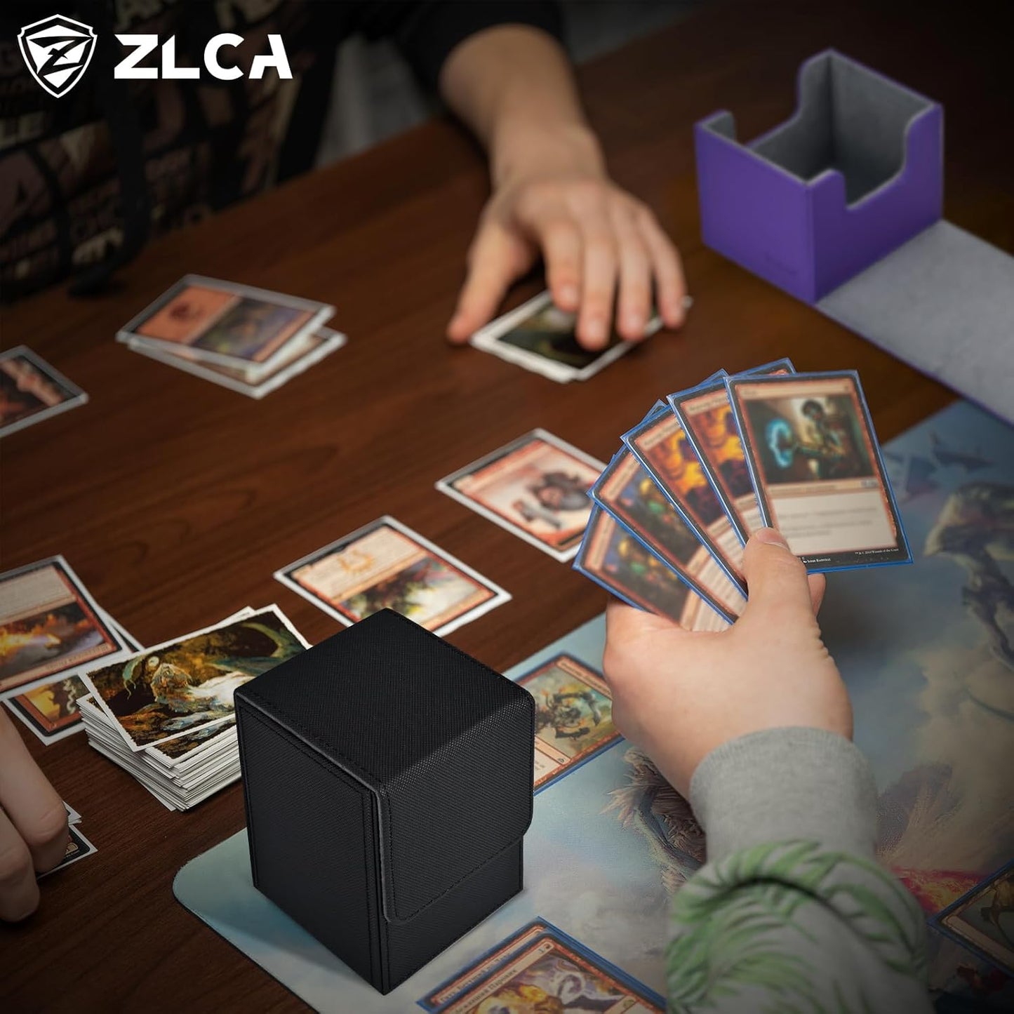 ZLCA Card Deck Box for Trading Cards, MTG YuGiOh Deck Case Holds 100+ Single Sleeved Cards, PU Leather Magnetic Card Storage Box Fits for TCG CCG Magic Game Cards (Black& Green)