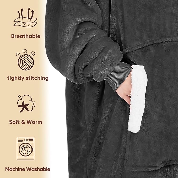 yescool Wearable Blanket Hoodie, Flannel Sherpa Fleece Blanket Sweatshirt for Adults Women Men,One Size Fits All