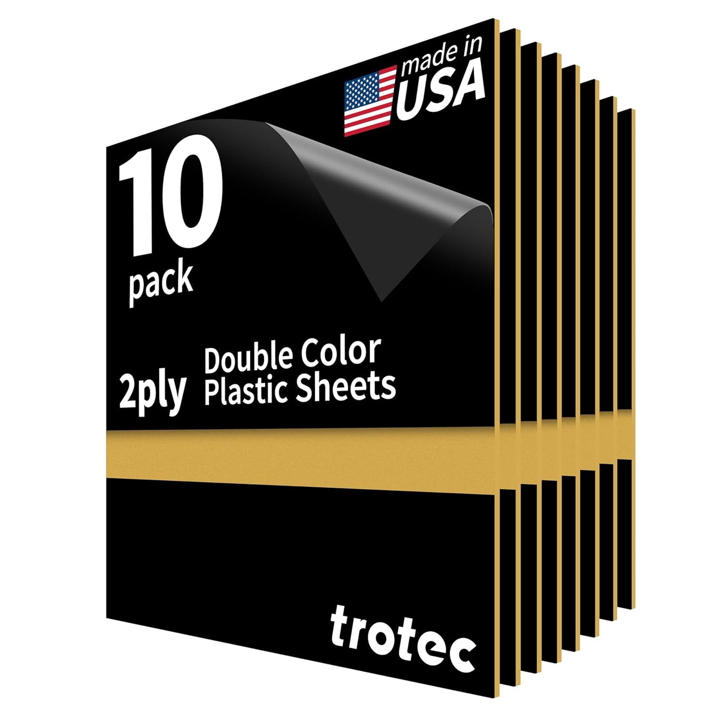 Trotec TroLase | 8"x12"x1/16", 10 Pcs | Black/Gold | 2 Ply | Modified Acrylic | Laser Engraving Double Color Plastic Sheet | Engraving Blanks for Laser, Saw, Guillotine | Made in USA