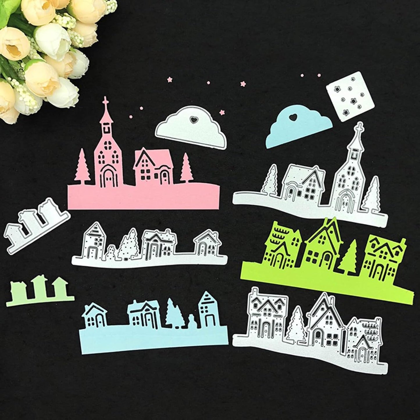 YKW Village House Castle Metal Cutting Dies Stencil Template Molds, Embossing Tool Die Cuts for Card Making Album Paper Scrapbooking DIY Etched Dies Craft, Special Price Die Cutting Metallic Silve