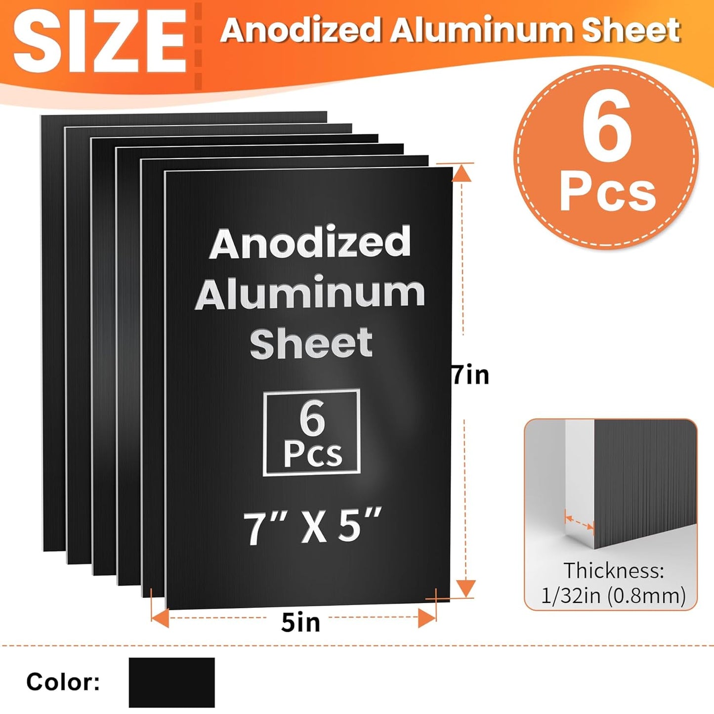 GCGOODS 6 Pcs 7 x 5 inch Anodized Aluminum Sheet Set, Metal Blanks for Laser Engraving, Engraving Plates for Crafting, Decoration, DIY, Black Colors