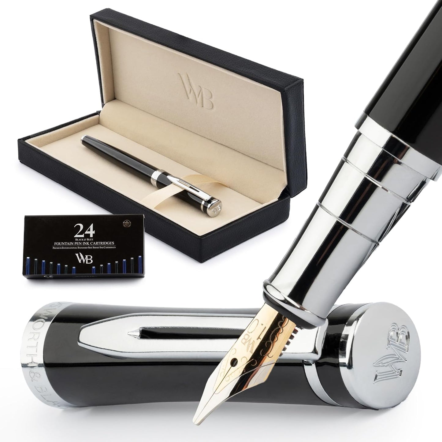 Wordsworth & Black Fountain Pen Set, Broad Nib, Includes 24 Pack Ink Cartridges, Ink Refill Converter & Gift Box, Chrome Finish, Calligraphy, [Black Chrome], Perfect for Men & Women