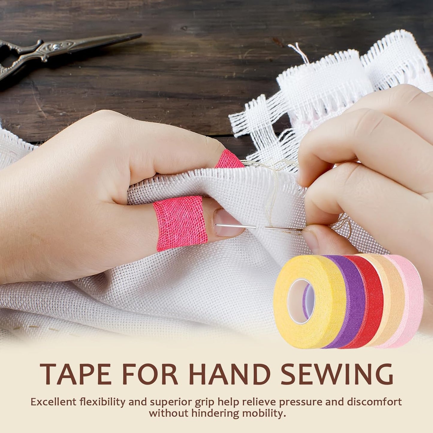 5 PCS Thimble Tape for Hand Sewing, Adjustable Sewing Thimble Finger Protector Tape, Comes with 1 Small Pair of Scissors, Suitable for Tailors and Home DIY Enthusiasts - Multicolor
