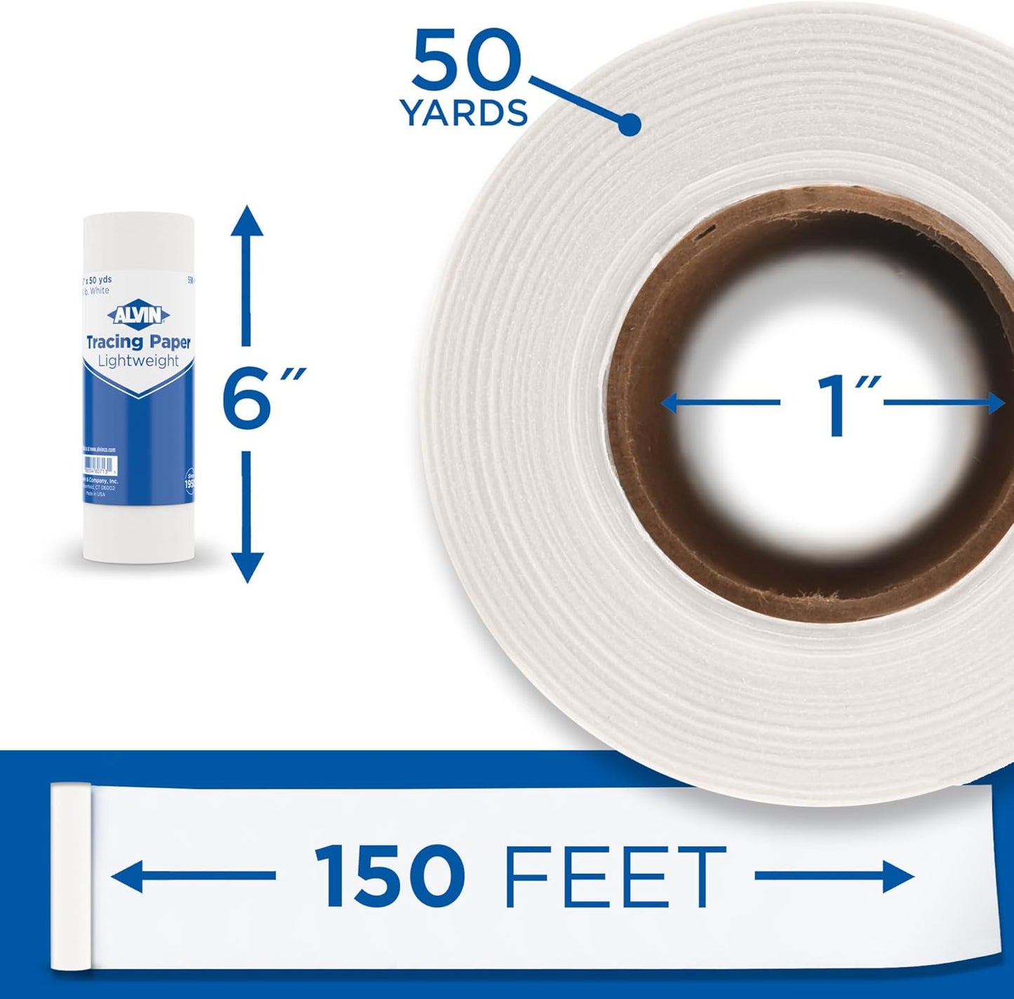 ALVIN 55W-M Lightweight Tracing Paper Roll, White, Suitable with Ink, Charcoal, Felt Tip Pen, for Sketching or Detailing - 6 Inches, 50 Yards, 1-inch Core
