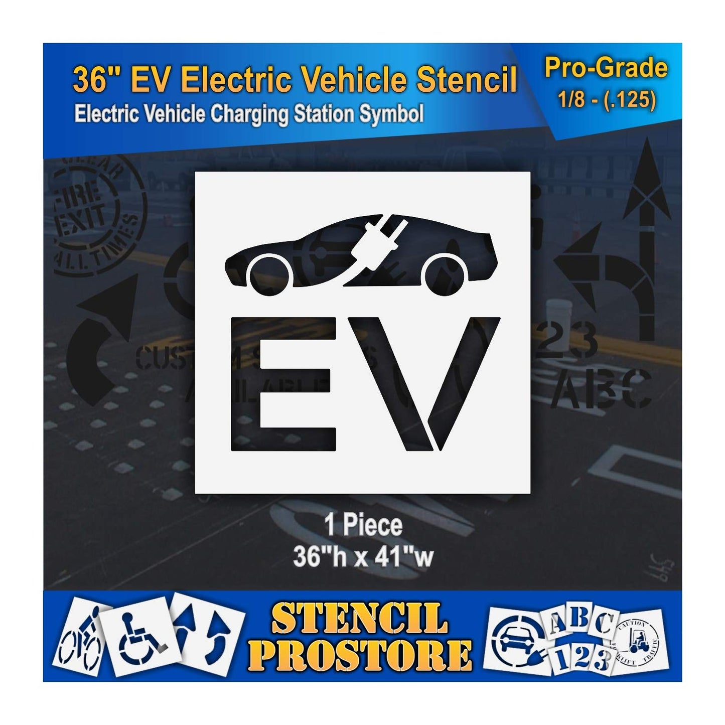 Pavement Stencils - 36 in - Electric Vehicle Silhouette with Plug and EV Letters - 35'' x 41'' x 1/8" (128 mil) - Pro-Grade