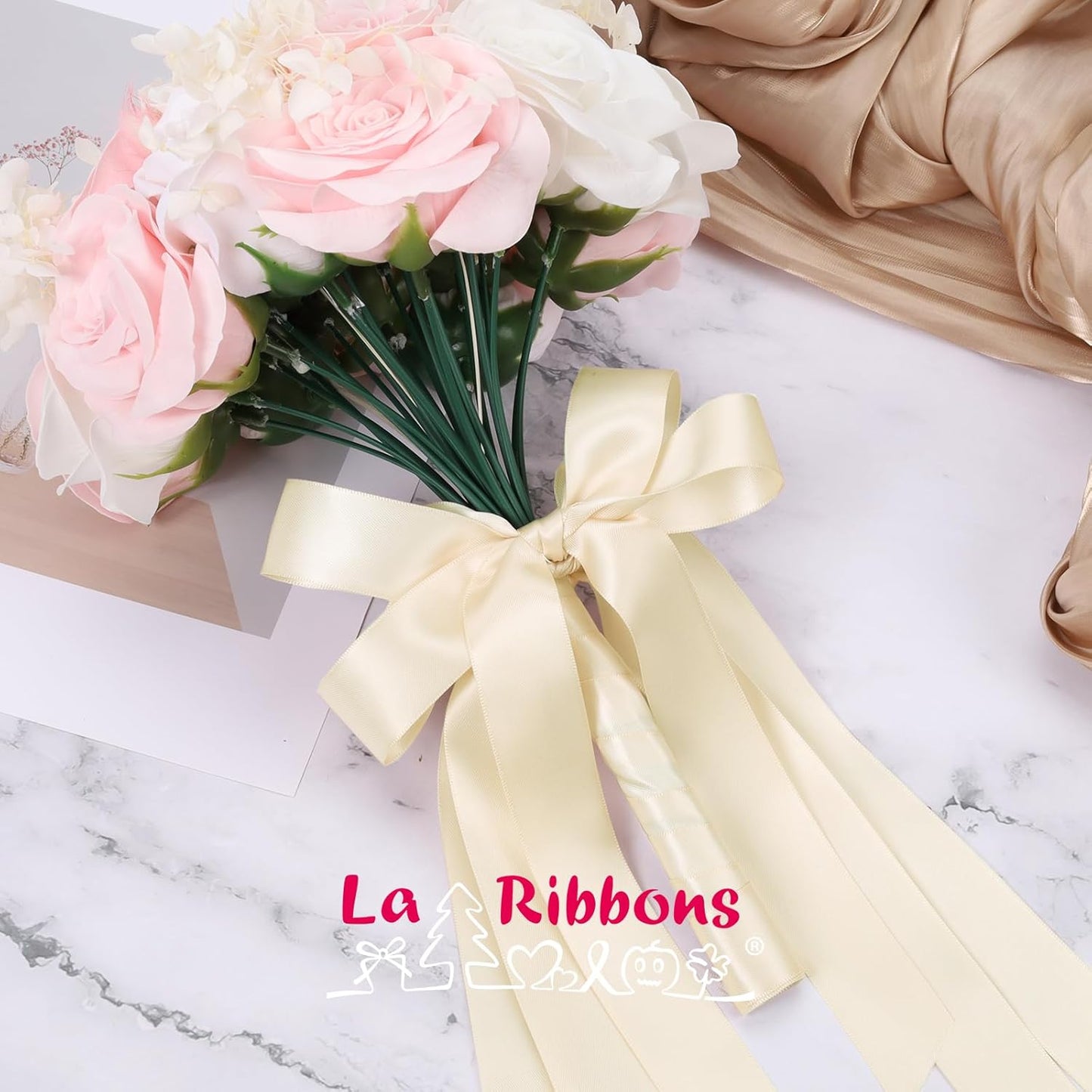 LaRibbons 1 Inch 50 Yard Double Faced Satin Ribbon,Nude Beige Satin Craft Fabric Ribbon for Gift Wrapping Floral Bouquets Wedding Party Decoration