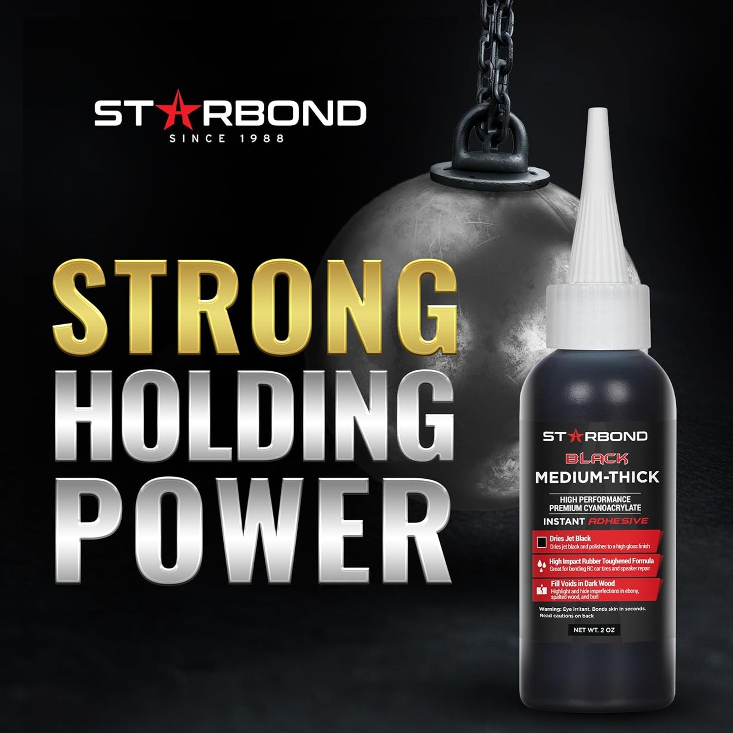 STARBOND Black Medium-Thick CA Glue, Premium Cyanoacrylate Super Glue, Knot Filler 500 CPS Viscosity, for Woodworking, Woodturning, Carpentry, Guitar, RC, Hobby, 2oz