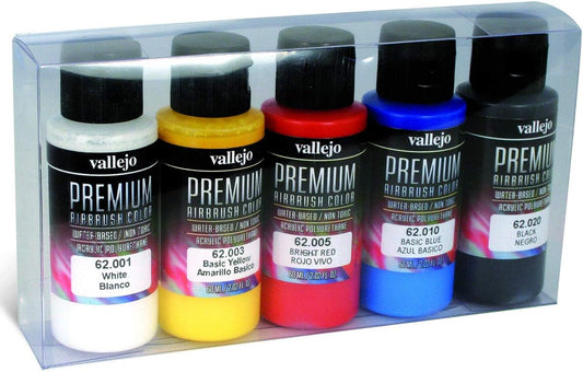 Vallejo - Premium Color Set Opaque Basics Colors | Matte Finish Airbrush Paints | Multicolor Polyurethane Coating Kit | RC Model Surface Coverage System | 5 Bottles x 60 ml. (2.02 fl.oz.)
