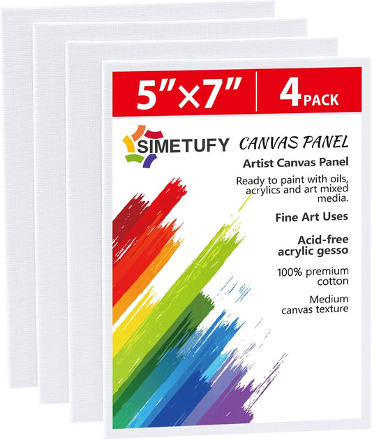 Simetufy 4 Pack 5x7 Inch Canvas Boards for Painting, Blank Canvases Panels, Gesso Primed Acid-Free 100% Cotton for Acrylics Oil Watercolor Tempera Paint