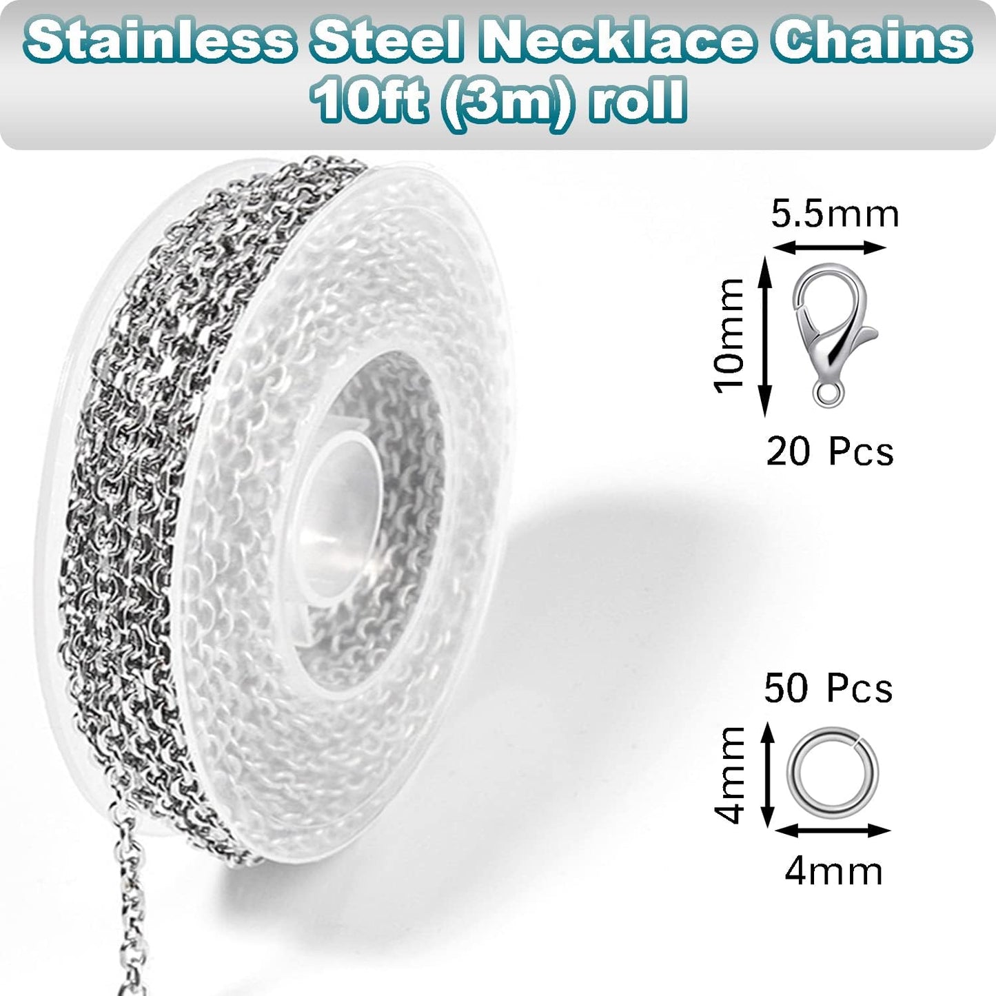 Jishi 33ft Silver Stainless Steel Chain 2mm Jewelry Necklace Link Cable Chain for Jewelry Making Bracelets Earring Craft Supplies DIY Findings - Metal Rolo Link Chain Roll w/Lobster Clasps, Jump Rings