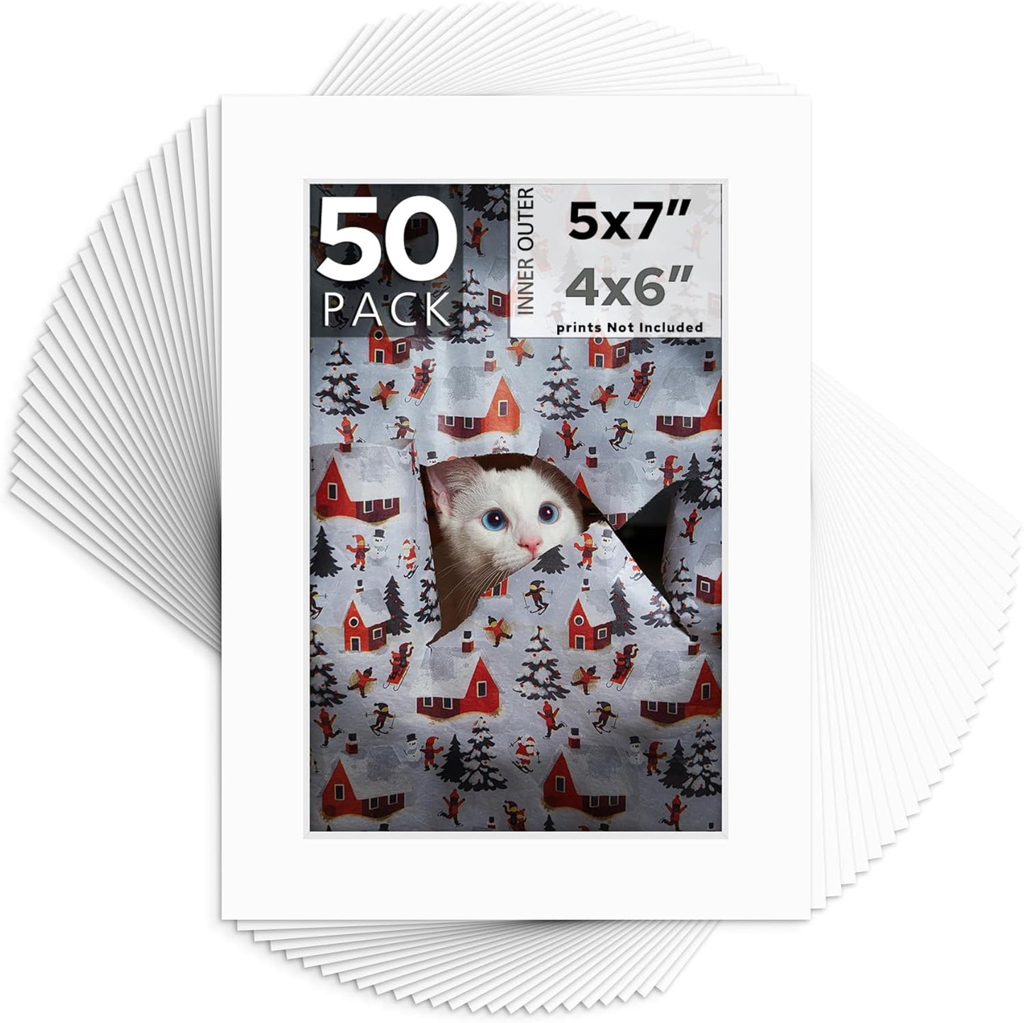 Mat Board Center, Pack of 50, 5x7 for 4x6 White Mats - Acid Free, 4-ply Thickness, White Core - for Pictures, Photos, Framing