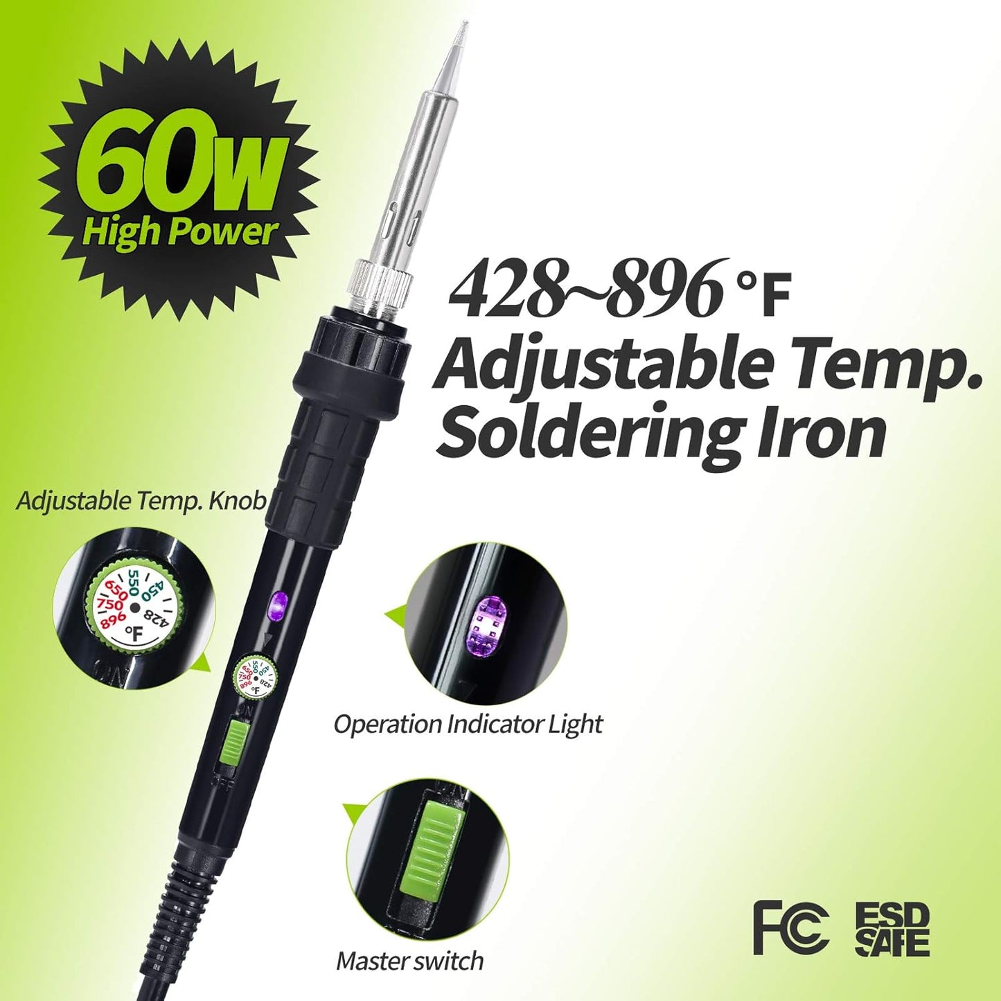 YIHUA 947-III Soldering Iron Kit with Temperature Stabilization, On-off Switch, 60W Portable Soldering Iron Kit with Holder, Tip Cleaner, Cleaning Sponge, 110V US Plug