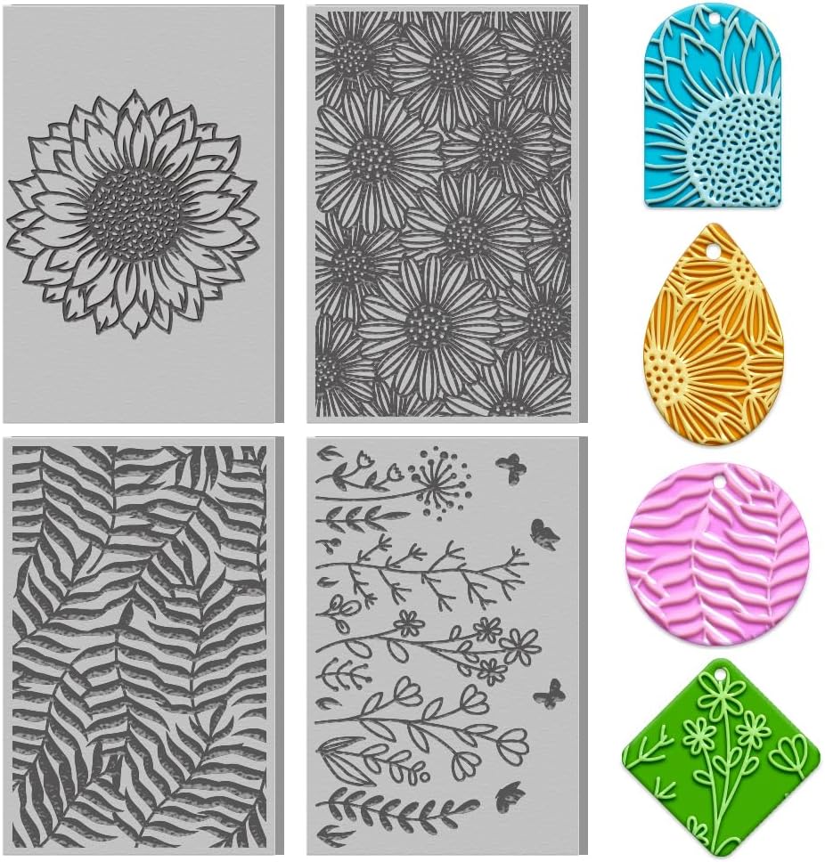 4PCS Polymer Clay Flowers Leaves Texture Sheets Set for Using with Clay Cutters, Boho Clay Texture Mats, Jewelry Making DIY Craft Tools