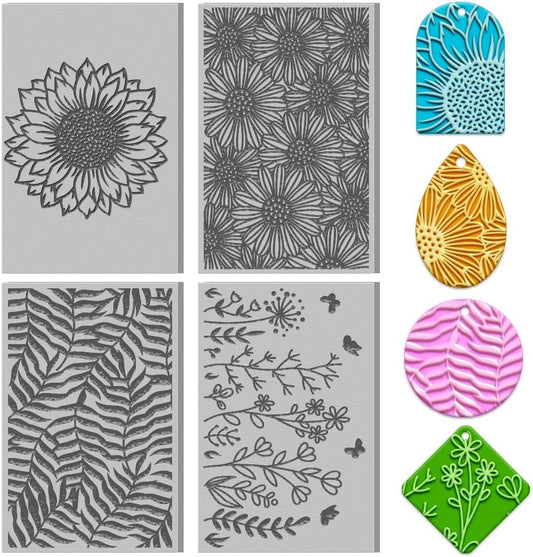4PCS Polymer Clay Flowers Leaves Texture Sheets Set for Using with Clay Cutters, Boho Clay Texture Mats, Jewelry Making DIY Craft Tools