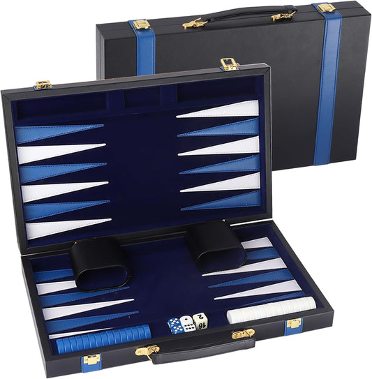 GSE Games & Sports Expert Premium Leather Backgammon Board Game Set, Classic Backgammon Game Set with Leather Case, Travel Folding Board Game (Black&Blue, Medium)