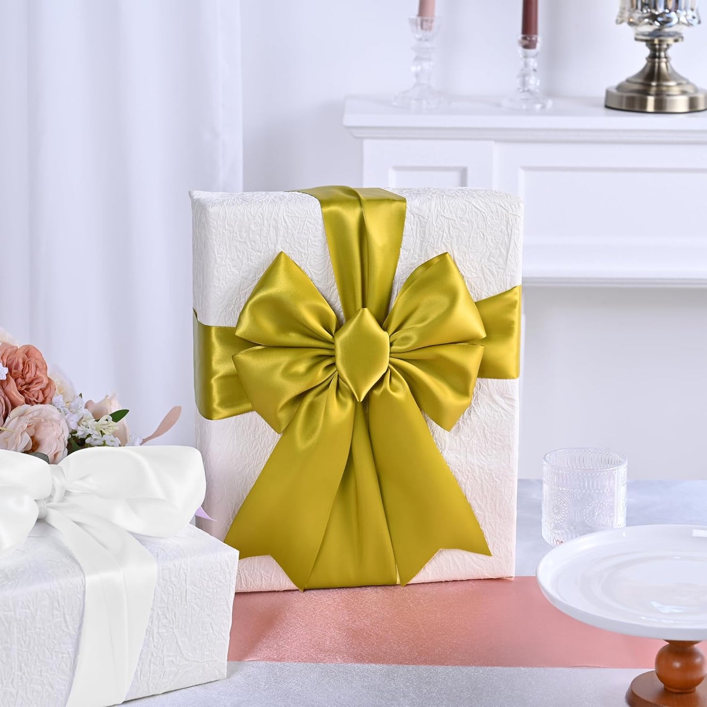 Gold Satin Ribbon 3 Inch X 15 Yards Solid Color Double Faced Ribbons Perfect for Crafts Wedding Decor Bow Making Arts Sewing and More