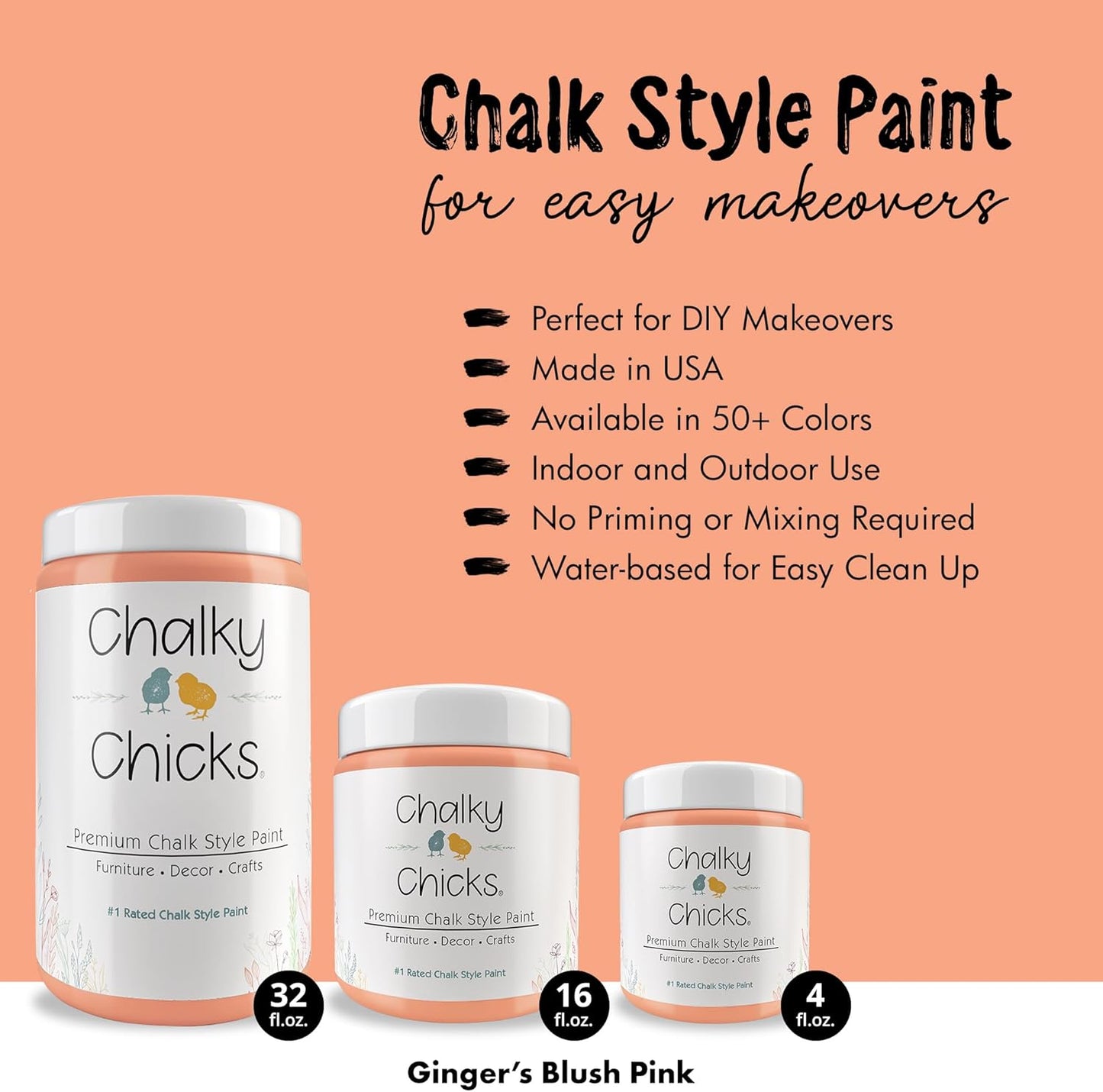 Chalky Chicks All-in-One Chalk Paint for Furniture or Cabinet - 32 Fl Oz - Matte Finish Gingers Blush Pink for Metal, Wood Furniture Paint - No Sanding All-in-One for Home Decor & Crafts, USA Made