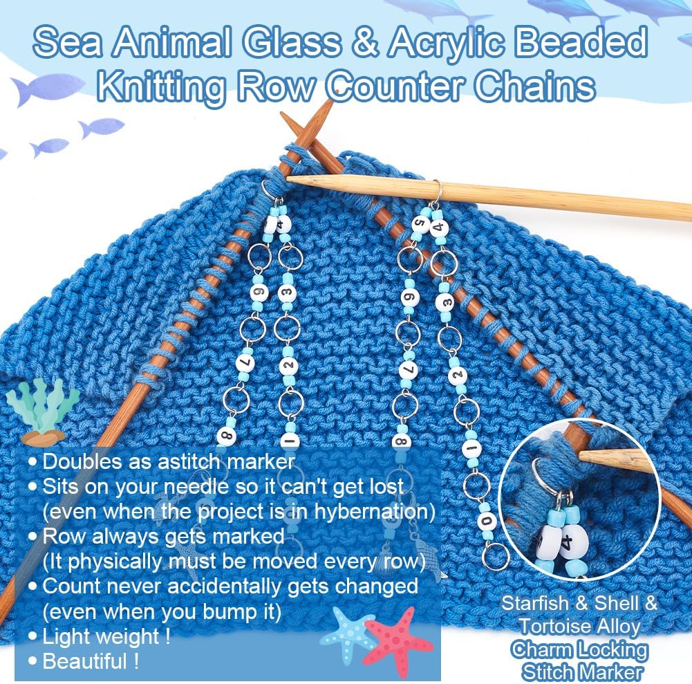 NBEADS 2 Styles Sea Animal Knitting Row Counter Chains, Acrylic Number Stitch Markers Glass Beaded Crochet Stitch Marker Crocheting Accessories for Weaving Sewing Quilting