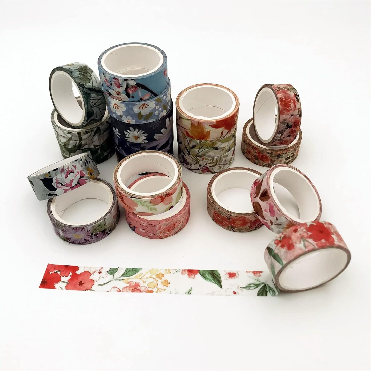 Floral Washi Tape Set 20 Rolls 15mm Wide Flower Decorative Paper Tapes for Scrapbooking, Bullet Journal, Planner, DIY Crafts, Gift Wrapping